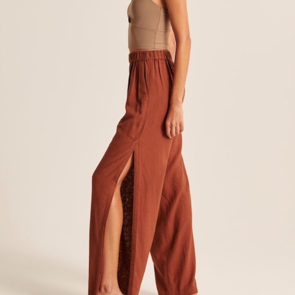 Abercrombie & Fitch Wide Leg Linen-Blend Dark Red Elastic Waist Pants Size XXS - Picture 4 of 16